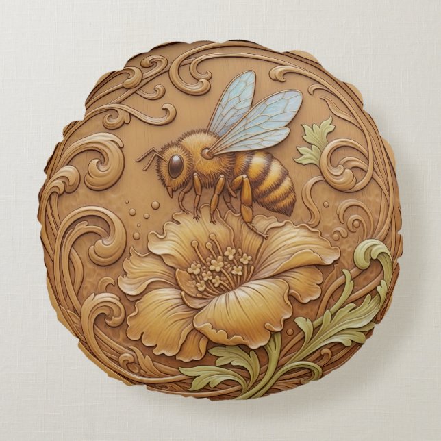 Round Cushion wood carving effect - bee (Front)