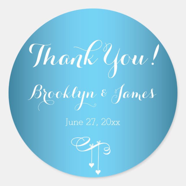 Round Custom Blue Wedding Stickers Hearts (Front)