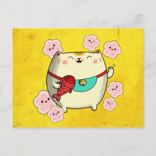 Round Cute Maneki Neko Cat Postcard