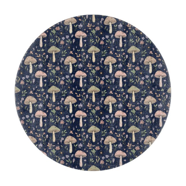 Round Dark Navy Fungi Dark Academia Circle Cheese  Cutting Board (Front)