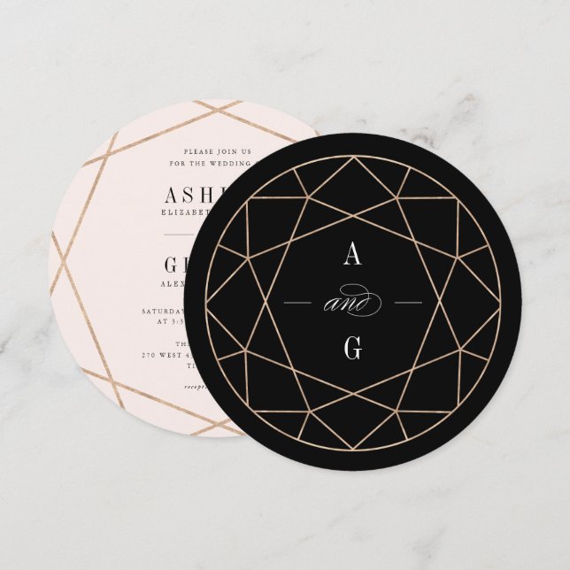 Round Diamond Gemstone Geometric Elegant Wedding Invitation (Front/Back)
