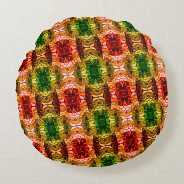 Round drawing generate red, green, and gold shapes cushion (Front)