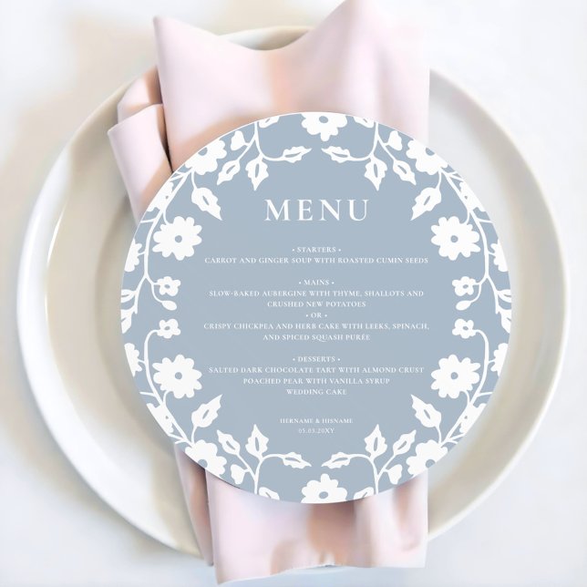 Round Dusty Blue White Folk Floral Wedding Menu (Creator Uploaded)