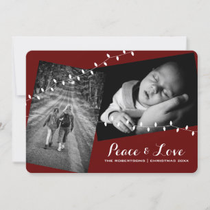 Round Edge Red Peace Love Christmas Photos Lights Holiday Card