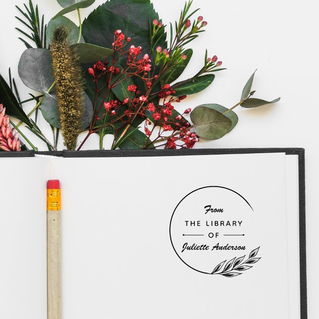 Round Elegant Leaves Custom Library Books Self-inking Stamp (Creator Uploaded)