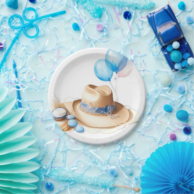 Round 'Em Up - Watercolor Cowboy Baby Shower Paper Plate (Party)