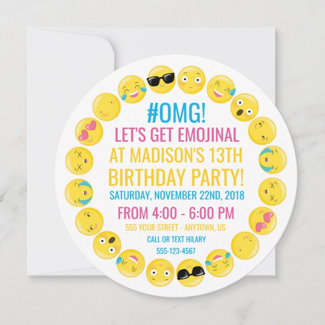 Round Emoji Birthday Party Invitation (Front)