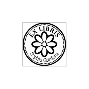 Round Ex Libris - 6 Petal Flower Rubber Stamp