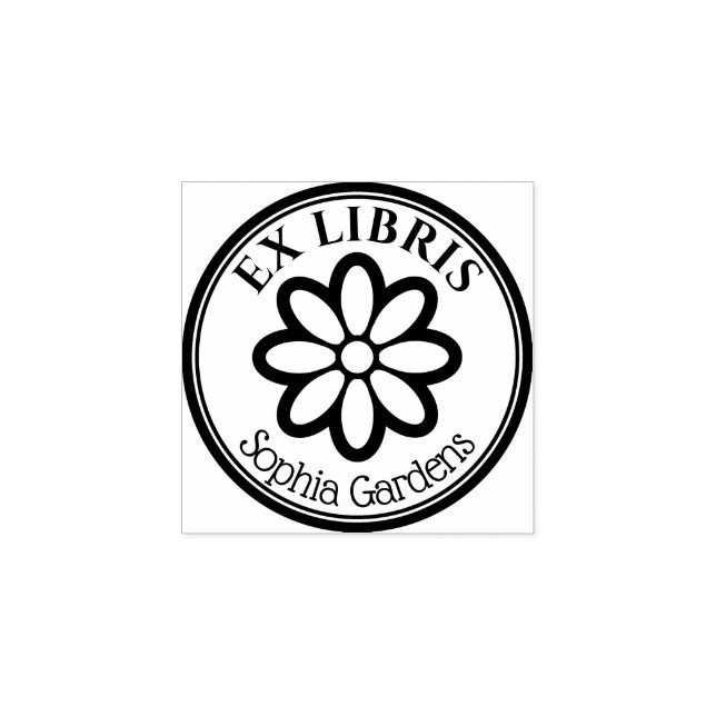 Round Ex Libris - 6 Petal Flower Rubber Stamp (Imprint)