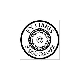 Round Ex Libris Decorative - Gears Motif Rubber Stamp
