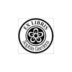 Round Ex Libris Flower Motif (White on Black) Rubber Stamp