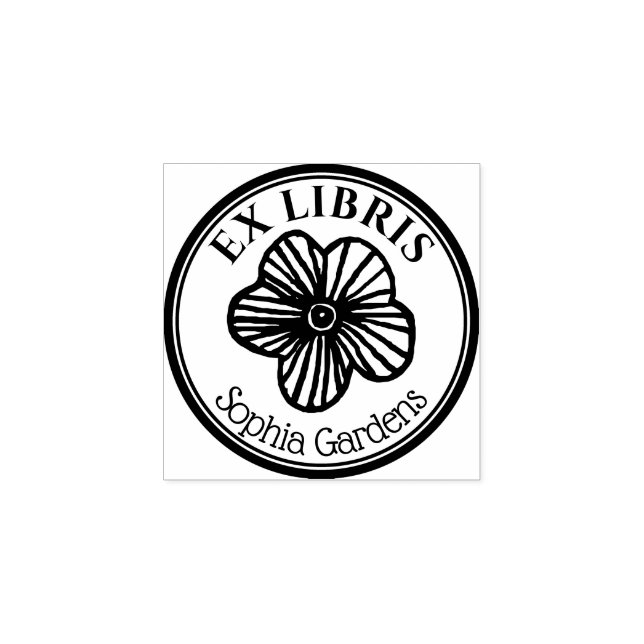 Round Ex Libris - Hand Drawn Flower Rubber Stamp (Imprint)