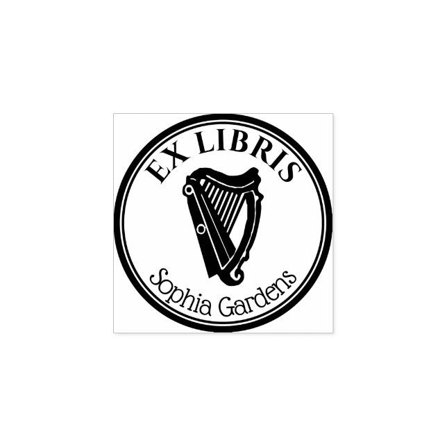 Round Ex Libris - Harp Motif Rubber Stamp (Imprint)