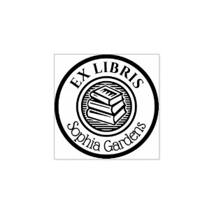 Round Ex Libris Stacked Books Motif Rubber Stamp