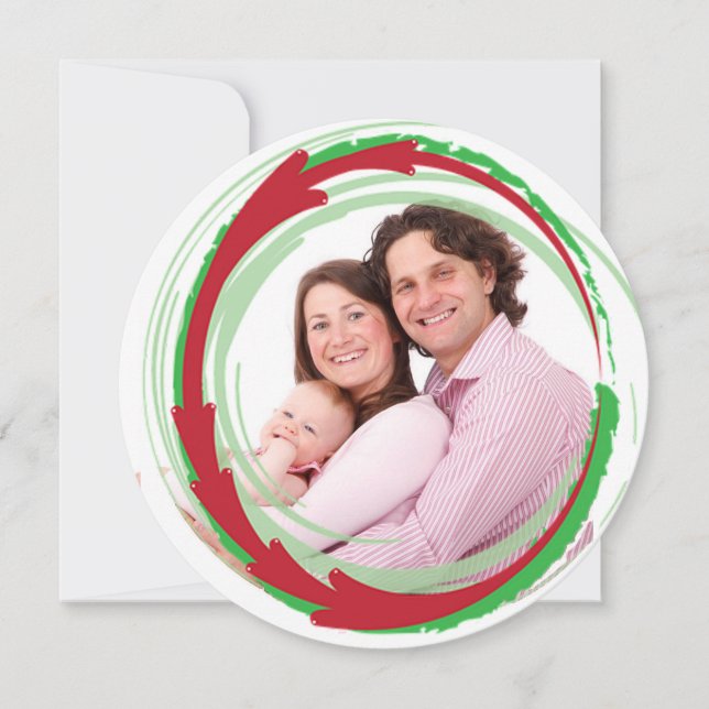 Round Family Photo Red & Green Christmas Card (Front)