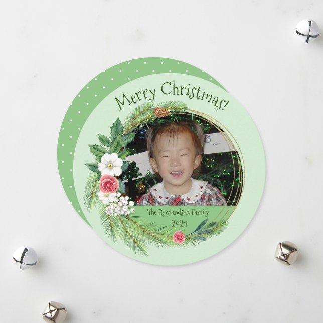 Round Floral Elegance Photo Christmas Holiday Card (Front/Back In Situ)