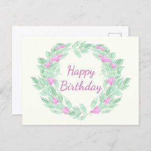 Round floral frame Happy Birthday.  Holiday Postcard
