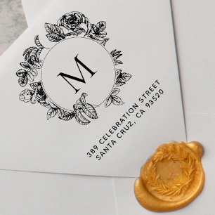 Round Floral Frame Monogram & Return Address Rubber Stamp