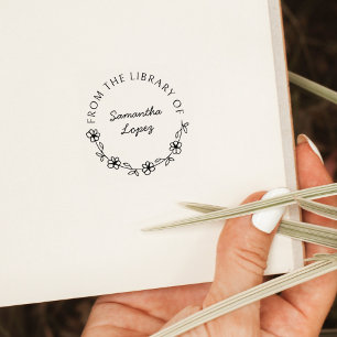  Round Floral Script Library Book Rubber Stamp