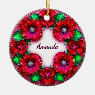 Round Floral Wreath with Red and Green Jewels Ceramic Tree Decoration