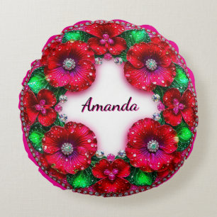 Round Floral Wreath with Red and Green Jewels Cushion