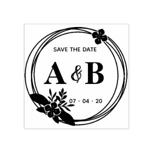 Round Flowers Vintage Monogram Save The Date Rubber Stamp