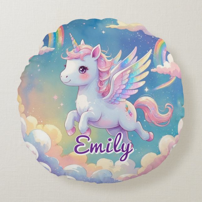 Round Flying Unicorn – Editable Name Cushion (Front)