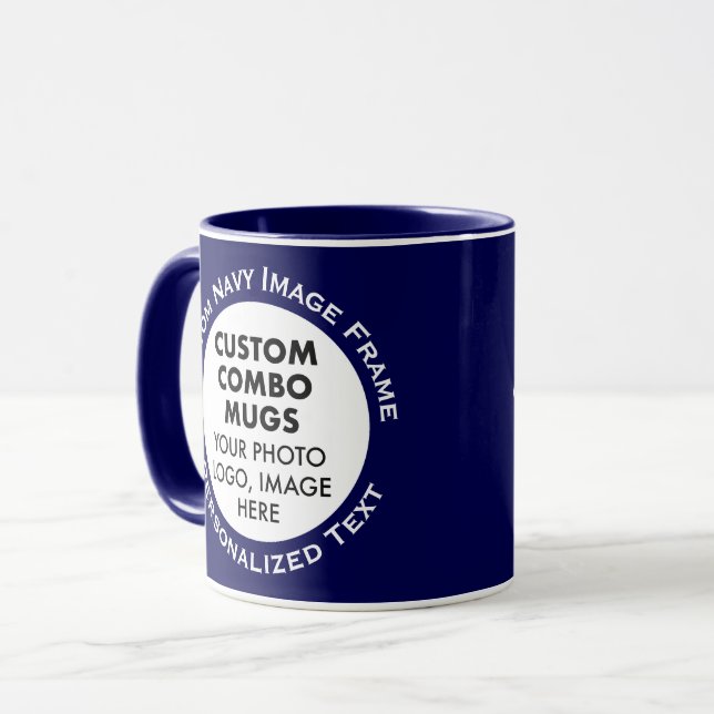 Round Frame 2 x Photo Text Navy Blue Custom Combo Mug (Front Left)