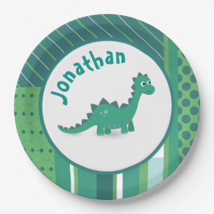 Round frame in gree/blue with cute dinosau paper plate