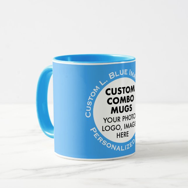 Round Frame Photo + Text Light Blue Custom Combo Mug (Front Left)