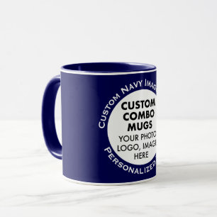 Round Frame Photo + Text Navy Blue Custom Combo Mug
