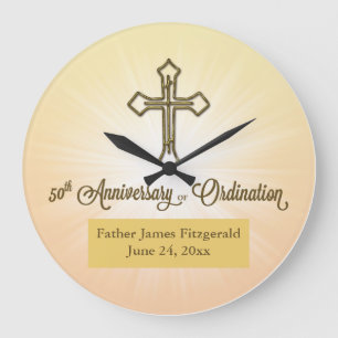 ROUND Gift, Custom Name Date,50th Ordination Anniv Large Clock