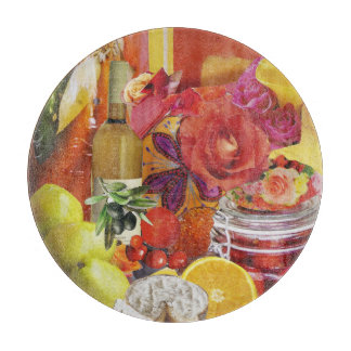 Round Glass Cutting Board with Culinary Theme