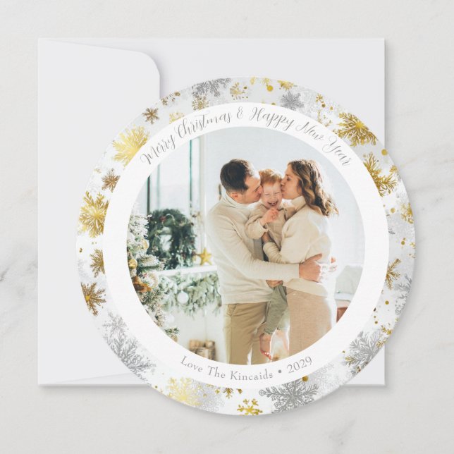 Round Gold & Silver Snowflake Christmas Card (Front)