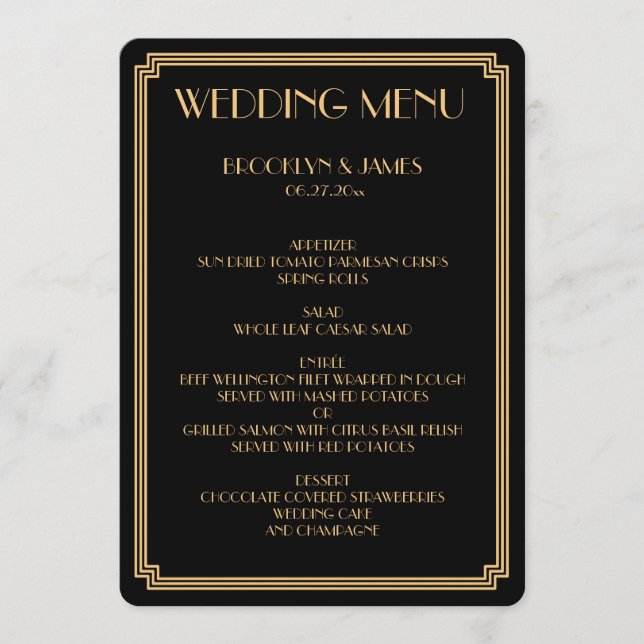 Round Great Gatsby Art Deco Black Wedding Menu (Front)