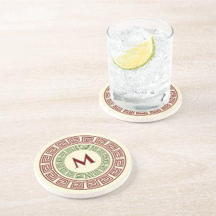 Round Greek Key Custom Monogram Coaster