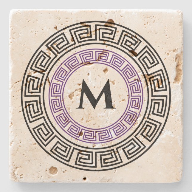 Round Greek Key Custom Monogram  Stone Coaster (Front)