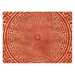 Round Greek Meander Ornament - Gold on Red Tablecloth