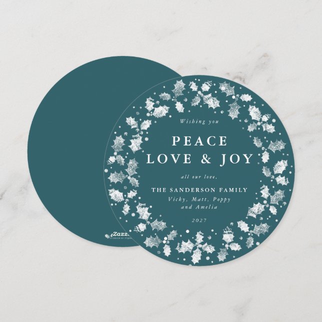 Round Green Holly Wreath Peace Love + Joy Holiday Card (Front/Back)