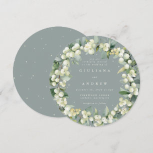 Round Green Snowberry+Eucalyptus Wreath Wedding Invitation