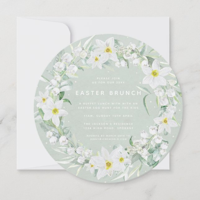 Round Green + White Floral Wreath Easter Brunch Invitation (Front)