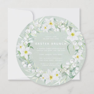 Round Green + White Floral Wreath Easter Brunch Invitation