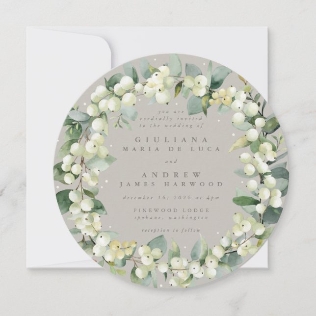 Round Greige Snowberry+Eucalyptus Wreath Wedding Invitation (Front)