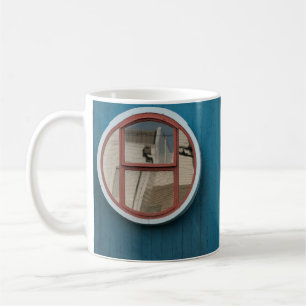 Round grey glass windows close-up photo coffee mug