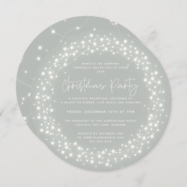 Round Grey-Green Sparkling Lights Christmas Party Invitation (Front/Back)