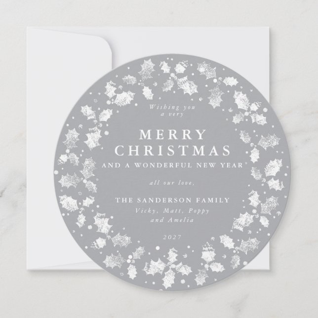 Round Grey Merry Christmas Holly Wreath Holiday Card (Front)