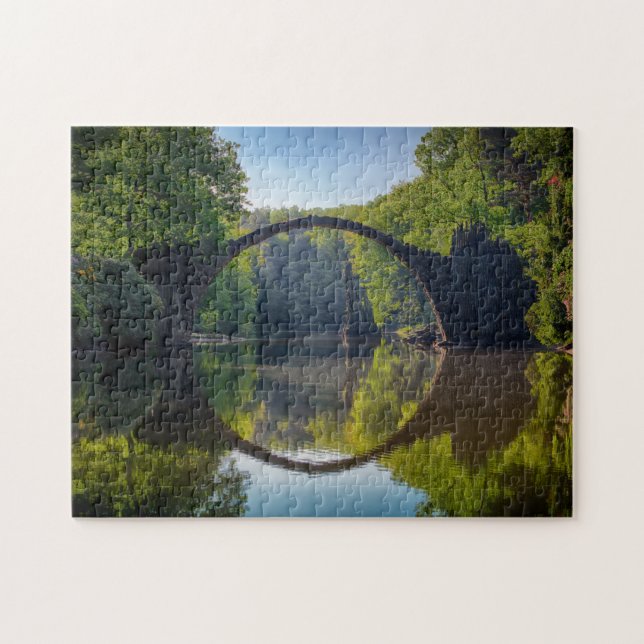 Round Grey Rock Bridge over a River in the Woods Jigsaw Puzzle (Horizontal)