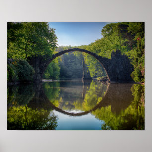 Round Grey Rock Bridge over a River in the Woods Poster
