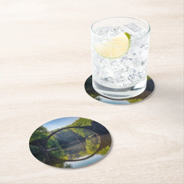 Round Grey Rock Bridge over a River in the Woods Round Paper Coaster (Insitu)