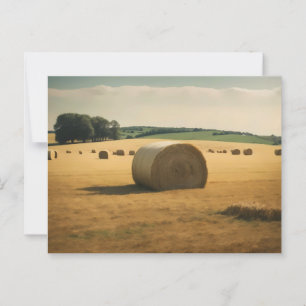 Round hay bale in field daytime postcard